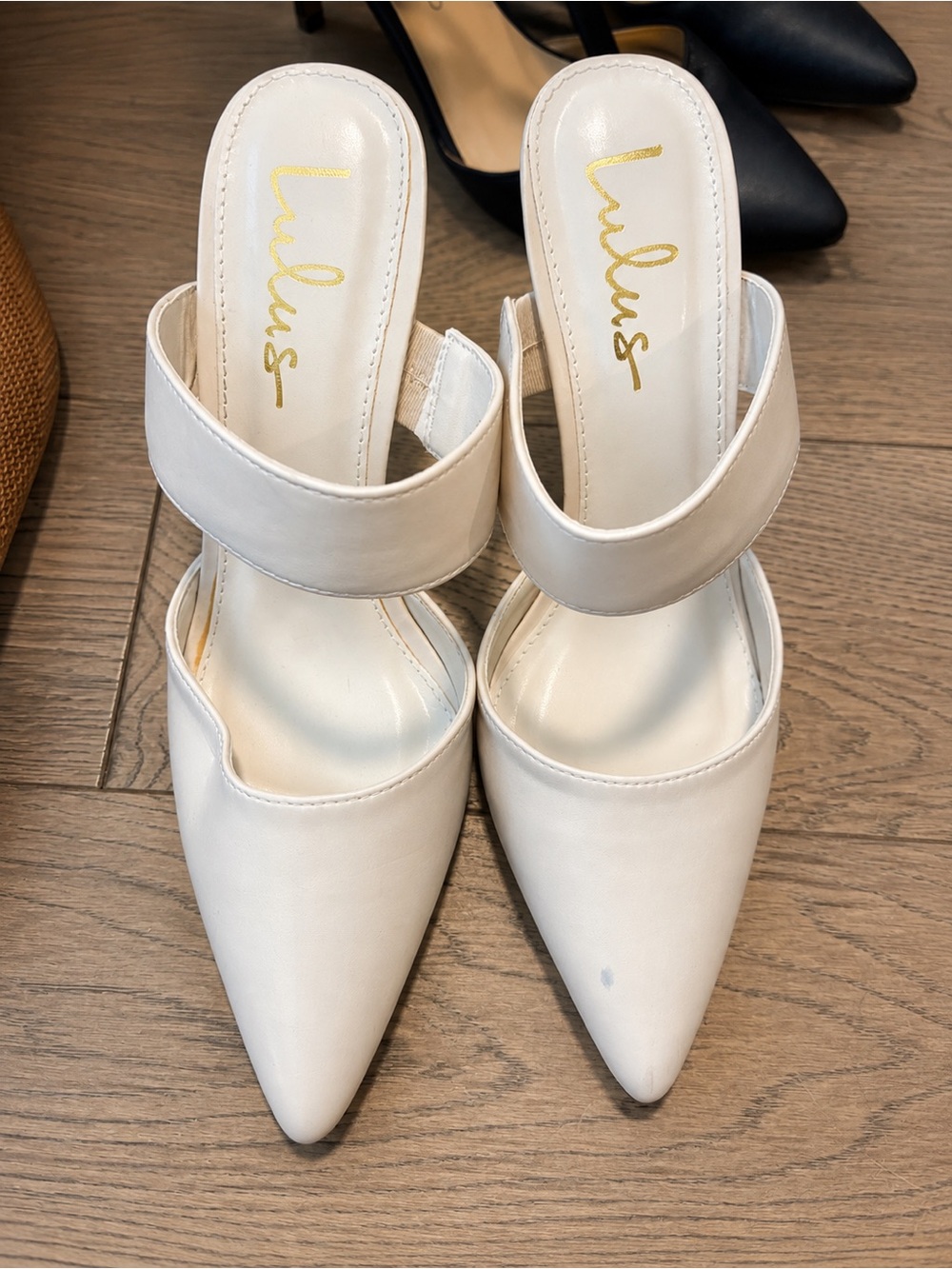 Lulu's Cream Pointed-Toe Double-Strap Mule Heels